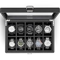 Vlando 10-Slots Watch Box Organize for Men, Watch Case with Large Glass Lid, Watch Holder with Textured Leather, Removable Soft Pillow, Christmas Gift for Fathers, Husband, Friend, Black