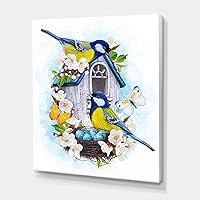Two Tit Birds Sitting Near The Nest With Eggs I Traditional Canvas Wall Art, Blue, 24x32