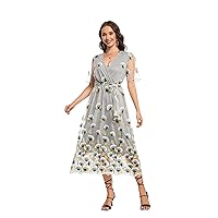 BaronHong Women's Floral Embroidered Tulle Prom Half-Sleeve V Neck Midi Dress with Waist Strap