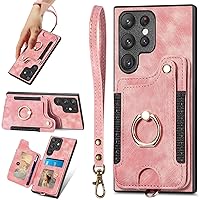 S22 Ultra Case,Card Holder Wallet for Galaxy S22 Ultra Case,Ring Holder Stand,RFID-Blocking,Wrist Strap,Camera Protector,Leather Protective Magnetic Flip Cover for Samsung S22 Ultra Case (Pink)