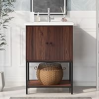 24 inch Bathroom Vanity with Sink Combo, Bathroom Vanity Sink Cabinet with 2 Soft-Close Doors, Open Storage, Walnut