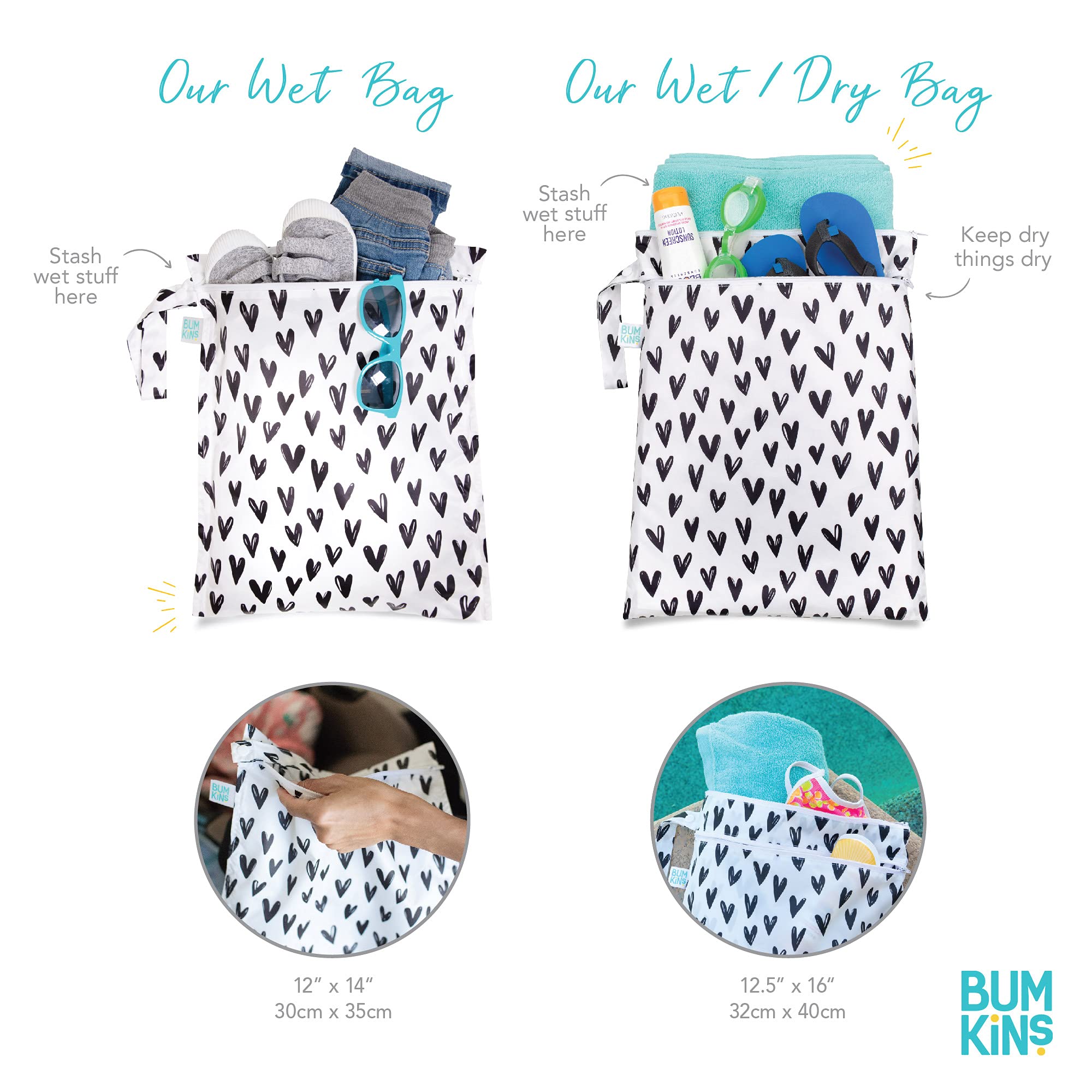 Bumkins Waterproof Wet Bags for Baby, Travel, Swimsuit, Cloth Diapers, Pump Parts, Gym Clothes, Toiletries, Strap to Stroller, Zipper Reusable Bag, Packing Pouch