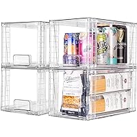 4Pack Large Stackable Kitchen Storage Drawers, Clear Foods Organizer Bins with Handles, Easily Assemble for Bathroom, Kitchen, Pantry, Cabinet, Closet (Down Handled)
