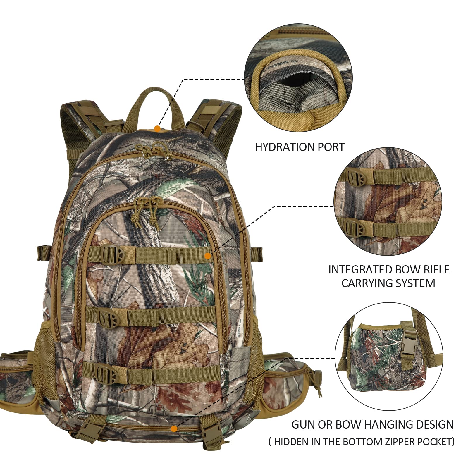 AUMTISC Camo Hunting Backpack with Rifle Holder and Waterproof Rain Cover, Outdoor Day pack Hiking Bag for Rifle Gun Bow, Travel Packs for Camping Climbing,Camouflage