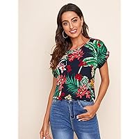 Womens Summer Tops Batwing Sleeve Tropical Print Top (Color : Multicolor, Size : X-Small)