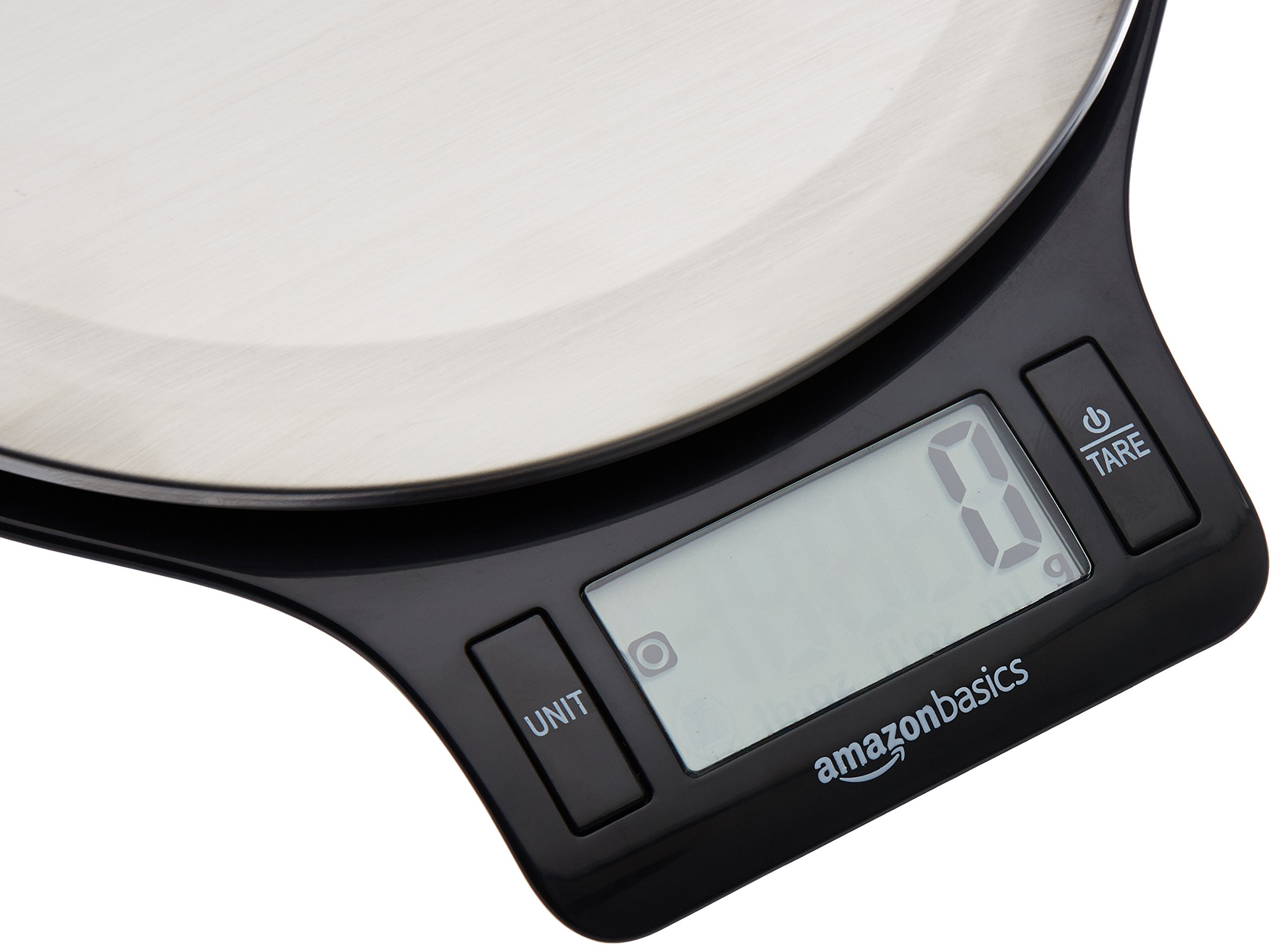 Amazon Basics Digital Kitchen Scale with LCD Display, Batteries Included, Weighs up to 11 pounds, Black and Stainless Steel