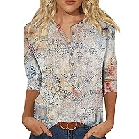 Henley Button Neck Shirts for Women V Neck 3/4 Sleeve Fashion Plus Sized Tops 2024 Summer Loose Fit Tee Blouse