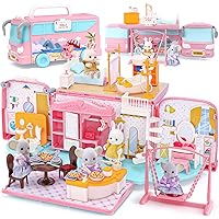 Golray Doll House Playset for Girls Toys, Miniature Pretend Play Dollhouse, 2 in 1 Portable Foldable Camper Toy Car with Figure Furniture Accessories, Kid Travel Toy Gift for Girl Toddler Age 3 4 5 6