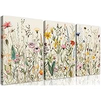 3 Pcs Framed Flowers Canvas Wall Art Watercolor Floral Botanical Prints Wildflower Pictures Wall Decor Colorful Plant Paintings Posters for Bathroom Living Room Bedroom Office Kitchen(16x24in)
