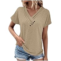 Womens Tops Pleated Button V Neck Short Sleeve Dreesy Casual T-Shirts Plain Solid Color Summer Fashion Blouses 2024