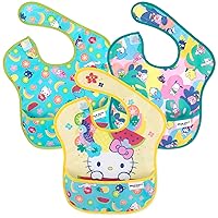 Bumkins Bibs for Girl or Boy, SuperBib Baby and Toddler 6-24 Months, Essential Must Have for Eating, Feeding, Baby Led Weaning Supplies, Mess Saving Catch Food, Fabric 3-pk Hello Kitty and Friends