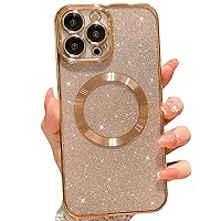 MGQILING Compatible with iPhone 15 Pro Magnetic Glitter Case, Luxury Plating Cute Bling Clear Phone Case, Compatible with MagSafe for Women Girls with Camera Protector Back Cover - Gold