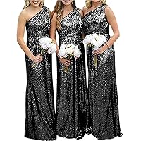 Women's One Shoulder Sequined Long Bridesmaid Dresses Pleat Wedding Party Gown