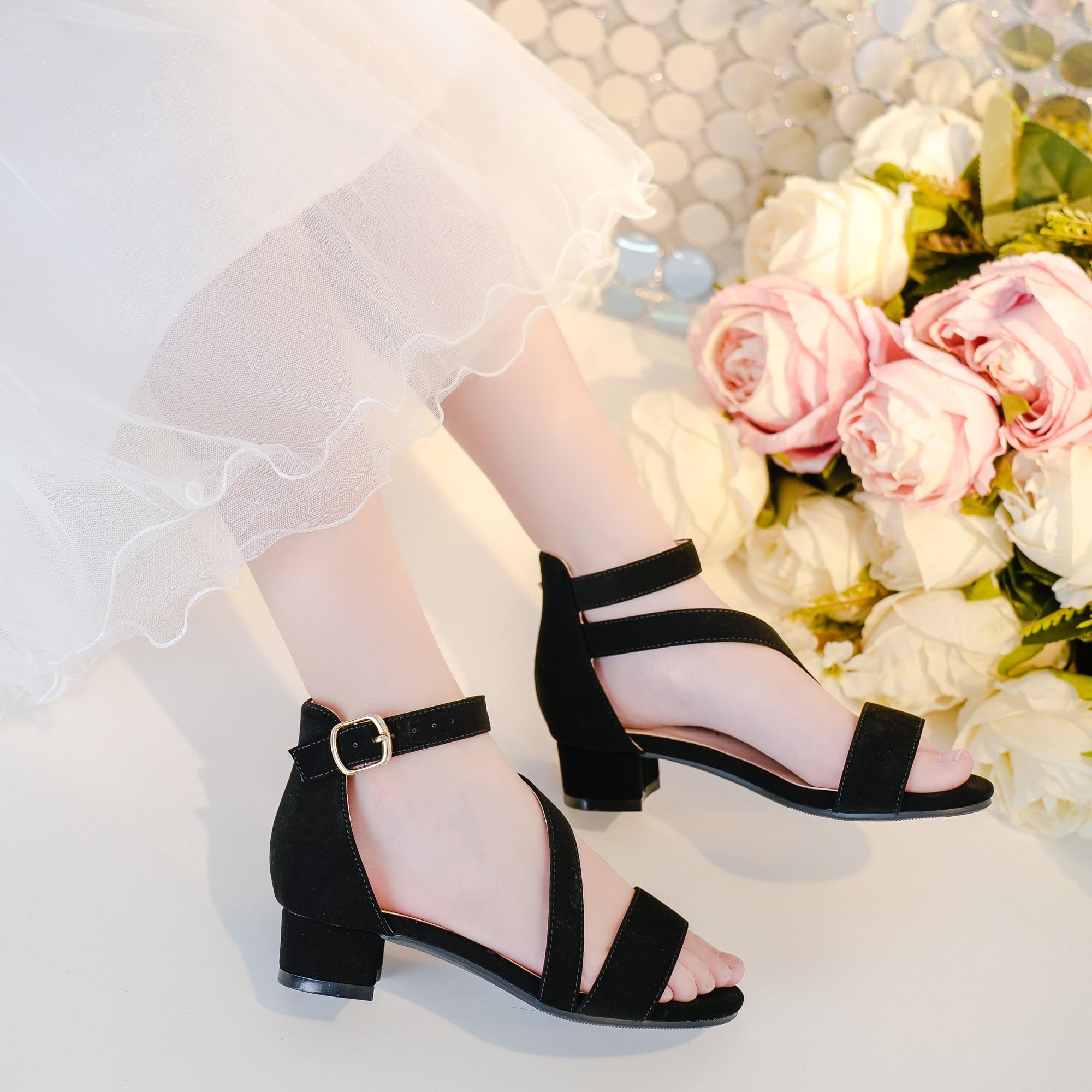 LAURMOSA Girls Sandals Kids Heels Open Toe Ankle Strap Dress Shoes Flower Wedding Party for Toddler Little Big Kid