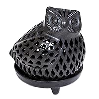 NOVICA Handcrafted Ceramic Teallight Candleholder Artisan Black Pottery Tealight Mexico Lamps Lighting Holders Animal Themed Barro Negro Bird 'Glowing Owl'