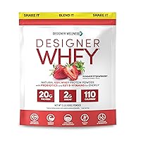 Designer Wellness, Designer Whey, Natural Whey Protein Powder with Probiotics, Fiber, and Key B-Vitamins for Energy, Gluten-Free, Summer Strawberry, 2 lb