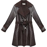 Women’s Coffee Brown Genuine Sheepskin Sherpa Shearling Faux Fur Lined Belted Slim Fit Leather Coat