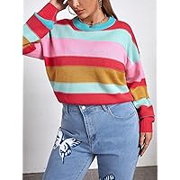 Casual Ladies Comfortable Plus Size Sweater Plus Striped Drop Shoulder Sweater Leisure Perfect Comfortable Eye-catching (Color : Multicolor, Size : XX-Large)