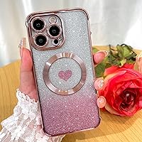 Bonoma Magnetic Glitter for iPhone 15 Pro Max [ Compatible with MagSafe ], Luxury Love Heart Pattern Plating Bling Clear Case,Camera Protection Sparkly Slim Soft Back Cover for Women Girls,Pink