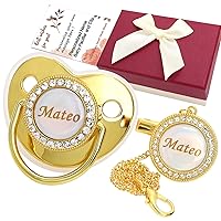 Personalized Pacifier and Pacifier Clip with Name, Bling Gold Pacifier Clip Set with Gift Box Greeting Card, Glitter Crystal Luxurious Dummy Ideal Gift for Boys Baby Shower Newborn Photography(Gold)