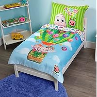 Cocomelon 4 Piece Toddler Bedding Set – Includes Comforter, Sheet Set – Fitted + Top Sheet + Reversible Pillowcase for Boys Bed, Blue