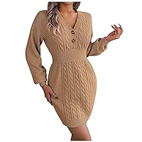 Sweater Dresses for Women Fashion Casual V-Neck Long Sleeve Button Long Sleeve Wrapped Hip Dress