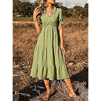 2023 Women's Dresses Solid Layered Hem Tie Neck Dress Women's Dresses (Color : Olive Green, Size : Medium)