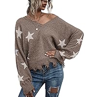 PEHMEA Women's Loose Knitted Sweater Long Sleeve V-Neck Ripped Pullover Sweaters Crop Top Knit Jumper