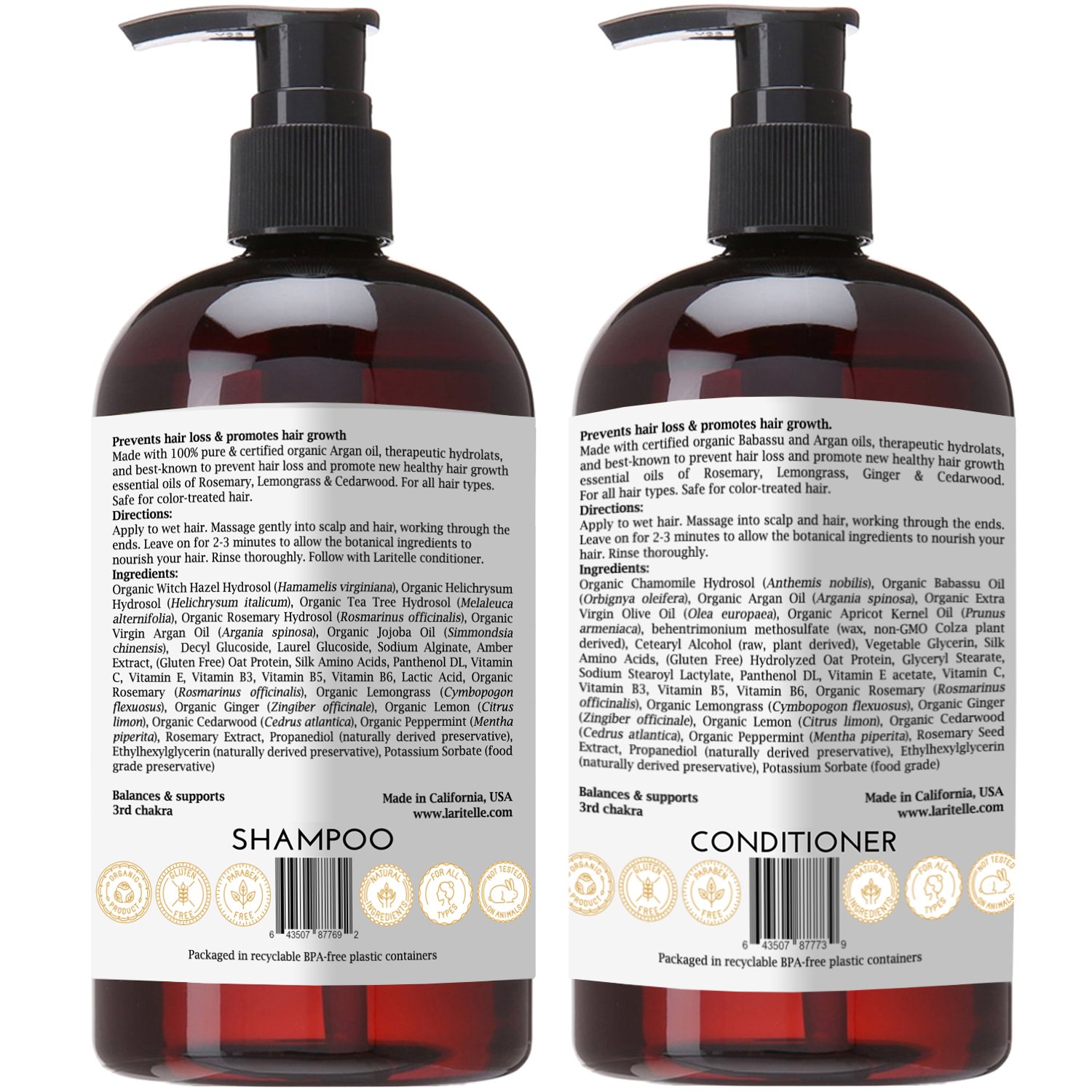 Laritelle Organic Hair Growth Set | Shampoo 17 oz + Conditioner 16 oz + Hair Loss Treatment 4 oz | Argan Oil, Rosemary, Ginger & Cedarwood | NO GMO, Sulfates, Gluten, Alcohol, Parabens, Phthalates