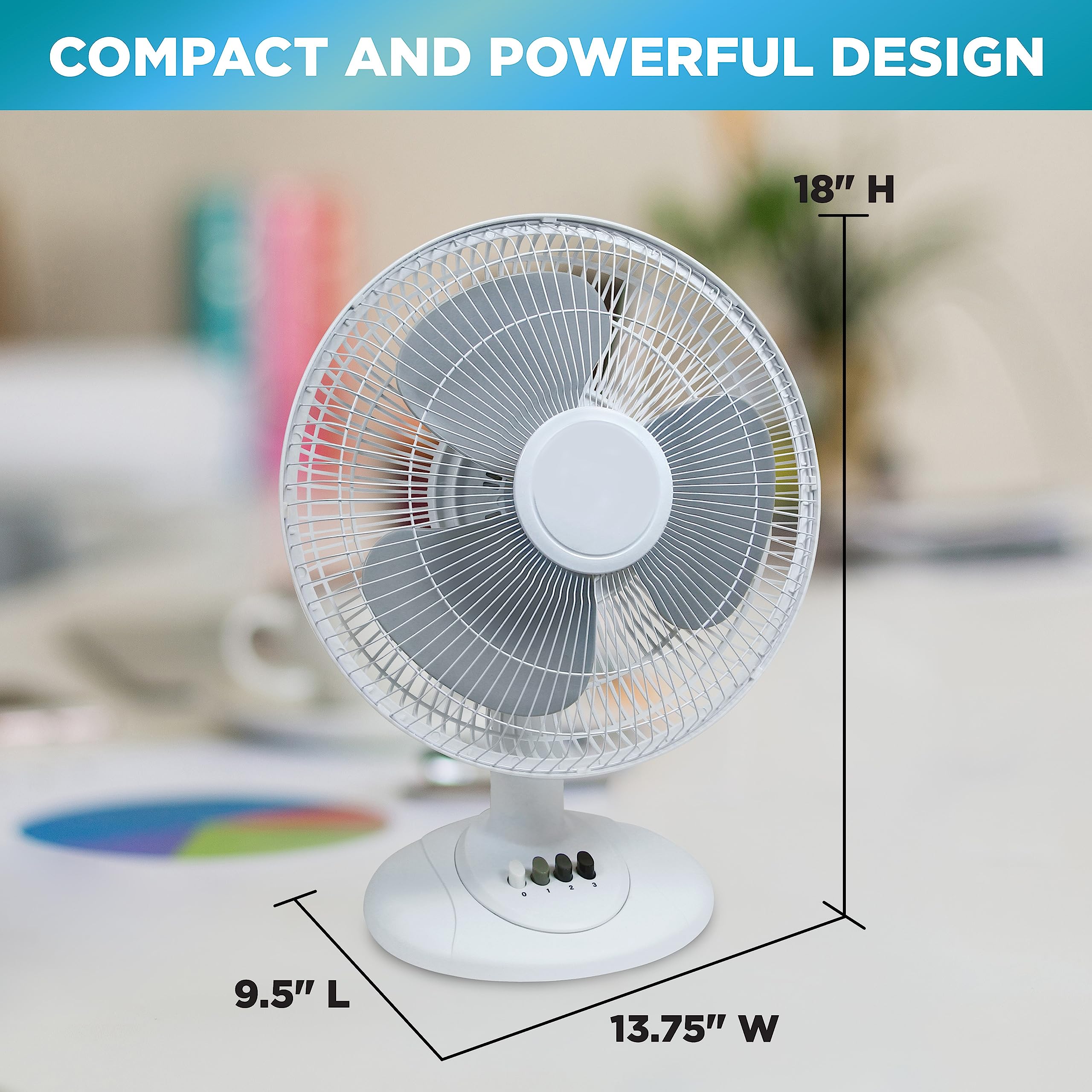 EZ-CHILL 12” 3-Speed Oscillating Table Fan with Adjustable Tilt, Convenient Push Button Controls, Quiet Operation, White, SB-MTSH05