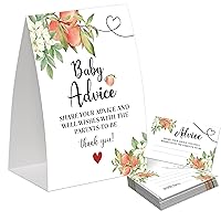 Sweet Peach Advice for the Parents-to-Be, Pack of One 5x7 Sign and 50 Advice Cards, White Floral Peach Baby Shower Decoration, Gender Neutral Party Supplies - AC06