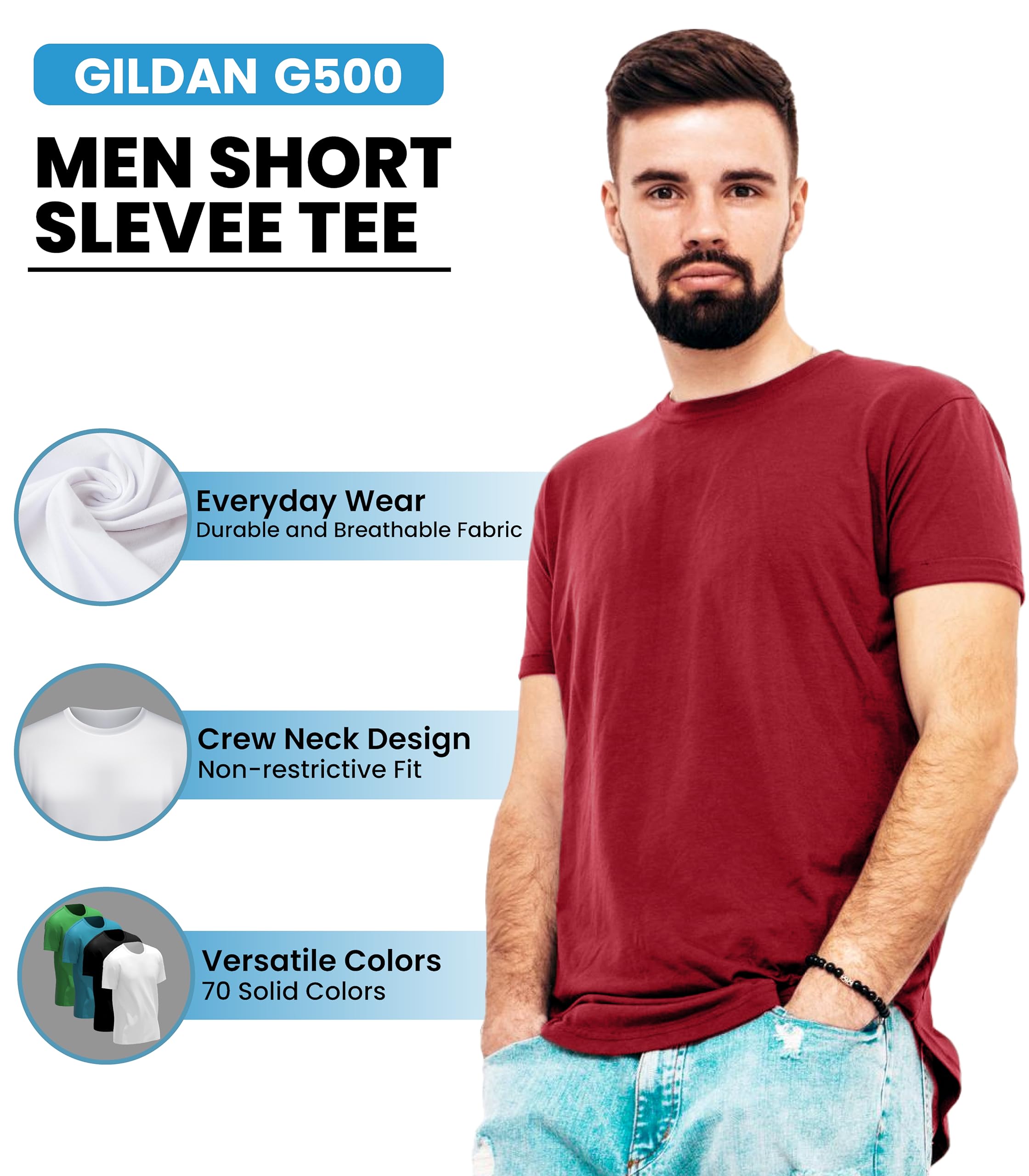 Gildan Men's Heavy Cotton Short Sleeve T-Shirt, Style G500, Multipack of 1|2|4|6|10, Make Your Own Customized Set!