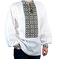 Ukrainian Vyshyvanka Mens Shirt Handmade Embroidered White Linen Green Satin Stitch Pattern