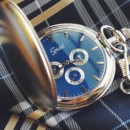 Speidel Silver-Tone Pocket Watch with Blue Dial and 14