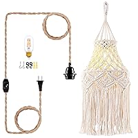 Boho Plug in Pendant Light Macrame Hanging Lamp Shade Hanging Lights with Plug in Hemp Rope Cord and Dimmable Switch,Plug in Chandelier Light for Bohemian Decor Bedroom Living Room indoor,1Pack
