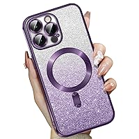 Magnetic for iPhone 15 Pro Case Glitter [Compatible with Magsafe], Full Camera Lens Protection & 2X Screen Protector, Luxury Plating Bling Soft Shockproof Slim Phone Case for Women, Purple