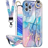 (2in1 Blue Marble Case with Strap for iPhone 13 Pro Max 6.7 Inch Cute Aesthetic Marble Design Loopy Girly Women Case Hand Strap Girl Handle Finger Loop Phone Case+Lanyard for iPhone 13 Pro Max