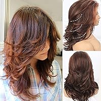 SCENTW Dark Brown Layered Wigs for Women Long Wavy Wigs with Blonde Highlight Natural Looking Synthetic Heat Resistant Synthetic Hair Wig for Daily Party Use