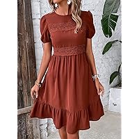 Women's Dresses Guipure Lace Insert Puff Sleeve Ruffle Hem Dress Dress for Women (Color : Rust Brown, Size : X-Large)