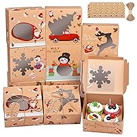 Ruisita 15 Pack Christmas Cupcake Boxes Cookie Boxes Kraft Brown Bakery Boxes with Windows 4 Holes Gift Treats Container with 15 Tags for Holiday Gift Giving, Candy, Cakes, 6.3 x 6.3 x 3 Inches