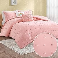 Callie Cotton Jacquard Weave Colorful Pom Pom Kids Comforter sets, Down Alternative Shabby Chic All Season Girls Bedding, Bedroom Decor, Twin/Twin XL, Pink 4 Piece