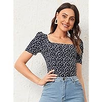 Women's T-Shirt Puff Sleeve Allover Heart Print Top T-Shirt for Women (Color : Navy Blue, Size : XX-Large)