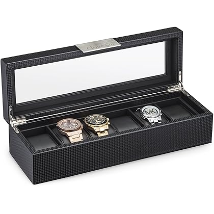 Glenor Co 6 Watch Box for Men - Mens Watch Case w Glass Lid - Luxury Carbon Fiber Design Mens Watch Box - Watch Holder for Men w Metal Accents & Sturdy Hinges - Modern & Masculine Watch Display Case