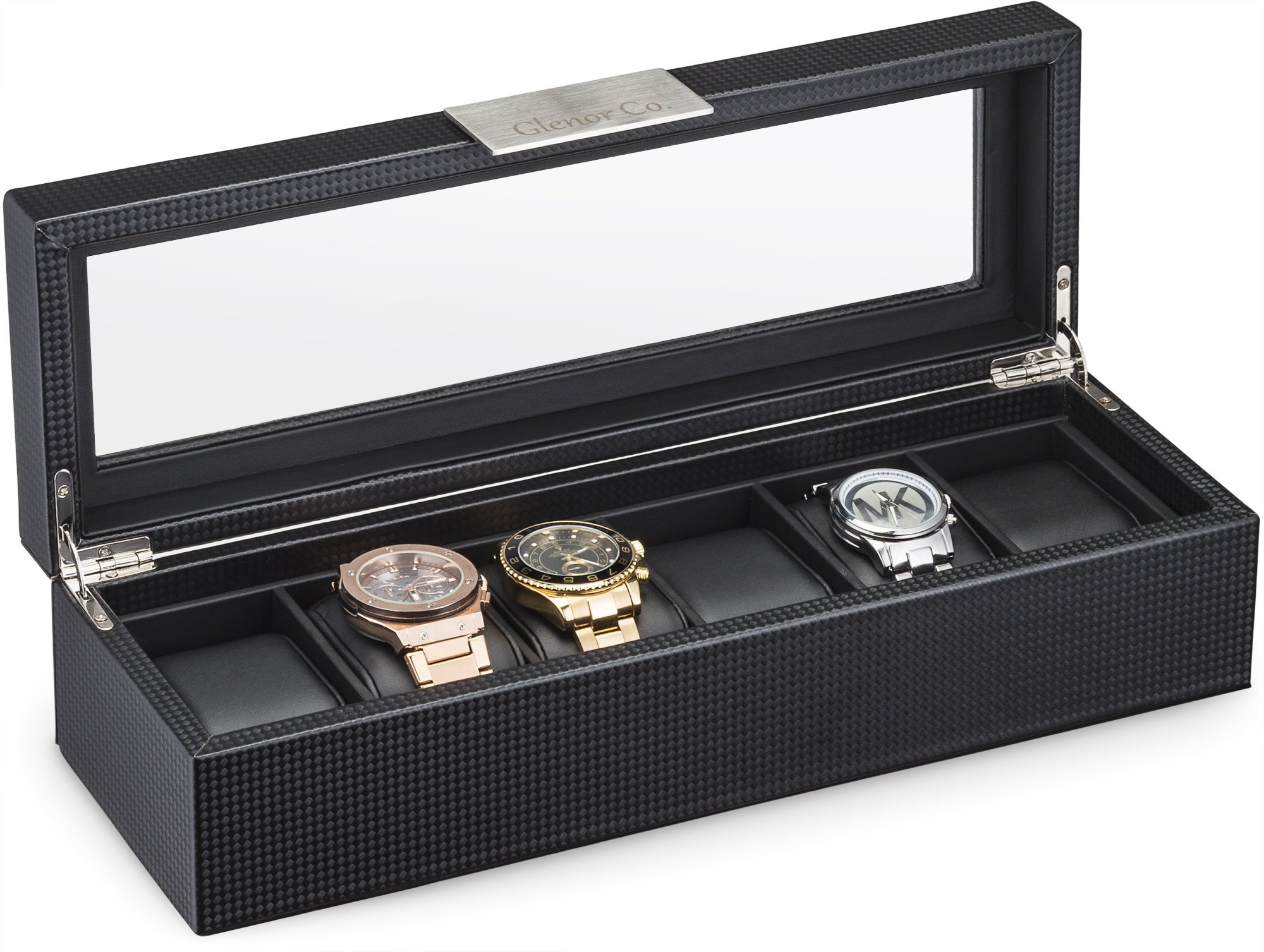 Glenor Co 6 Watch Box for Men - Mens Watch Case w Glass Lid - Luxury Carbon Fiber Design Mens Watch Box - Watch Holder for Men w Metal Accents & Sturdy Hinges - Modern & Masculine Watch Display Case