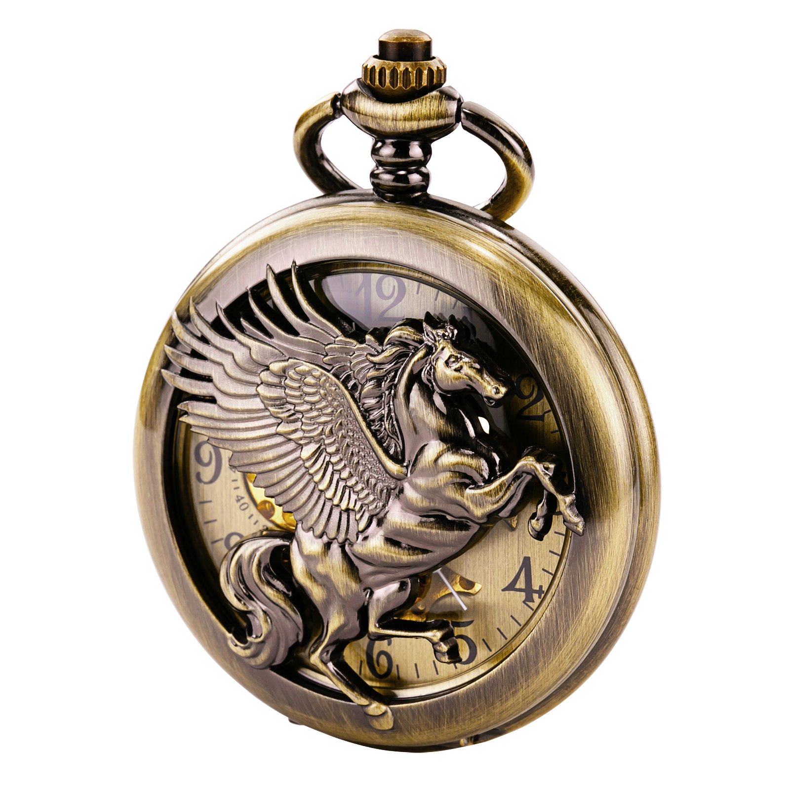 TREEWETO Vintage Mechanical Skeleton Hollow Pegasus Carved Pocket Watch for Men Women, Bronze