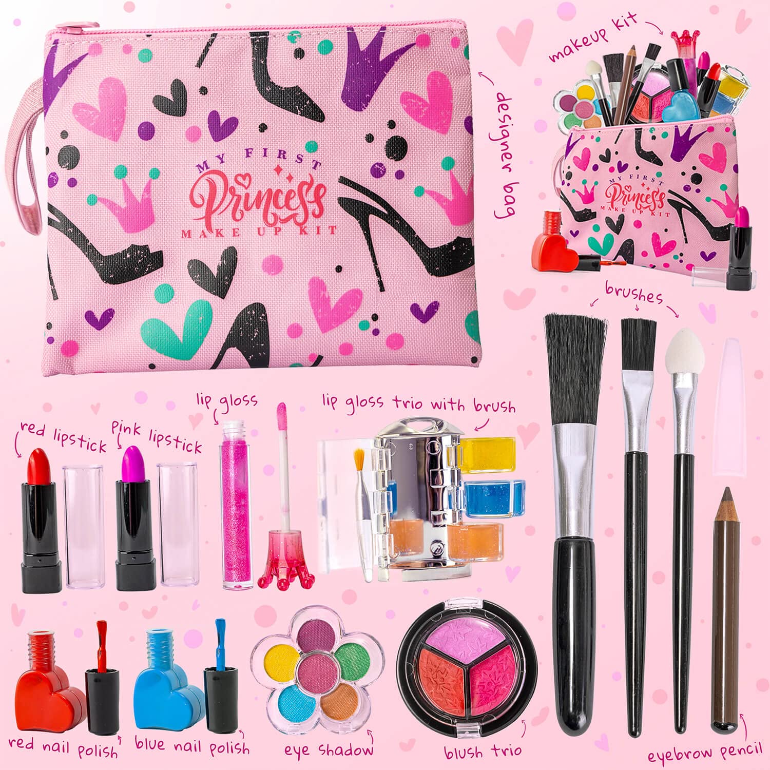 FoxPrint Kids Makeup Kit for Girls, Soft to skin, Easy to wash, 23 Pc Princess Makeup Set Toys Girls & Kids, Carrying Cosmetic Purse for Easy Storage