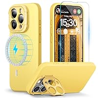 pcgaga Designed for iPhone 15 Pro Max Case with Camera Stand, Compatible with MagSafe and Screen Protector, Phone Strap Liquid Silicone Shockproof Full Body Protection with Microfiber Lining (Yellow)