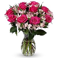 BENCHMARK BOUQUETS - Charming Roses & Alstroemeria (Glass Vase Included), Next-Day Delivery, Gift Fresh Flowers for Birthday, Anniversary, Get Well, Sympathy, Graduation, Congratulations, Thank You