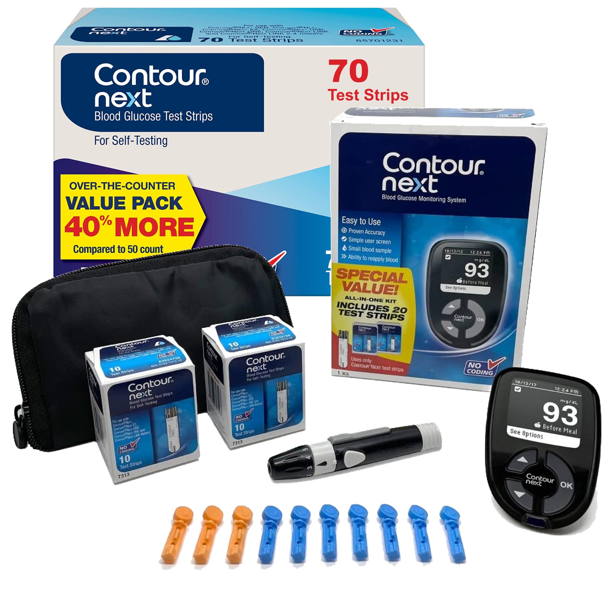 The Contour Next Blood Glucose Monitoring System All-in-One Kit for Diabetes & CONTOUR NEXT Blood Glucose Test Strips, 70 Count