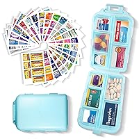 Pill Organizer with Medicine Labels 161 Labels Travel Daily Pill Container Mini Medication Organizer Storage Pill Organizer Travel Essentials Pill Case 7 Day Pill Organizer (Blue, 1 Pack)